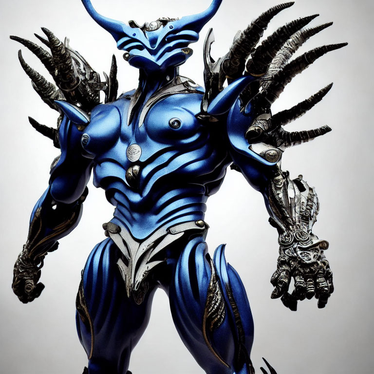 Detailed blue and black armored creature with spiky appendages and mechanical elements