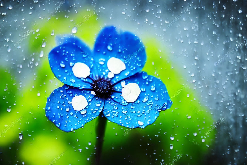 Blue Flower with Water Droplets on Petals Against Green Rain-Spattered Background