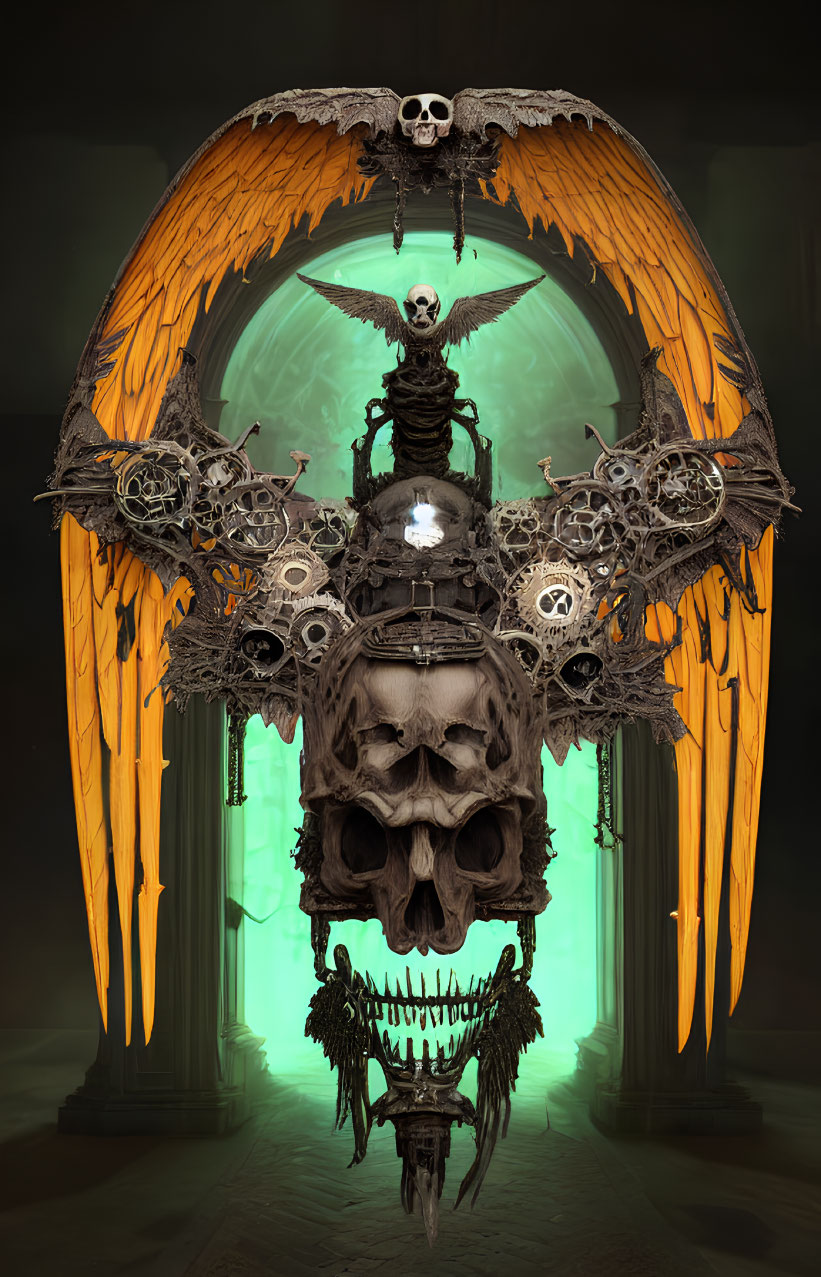 Gothic skeleton sculpture with orange wings, skulls, and mechanical elements on green background