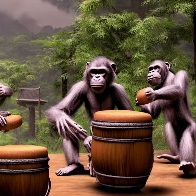 Chimpanzees playing drums in bamboo forest