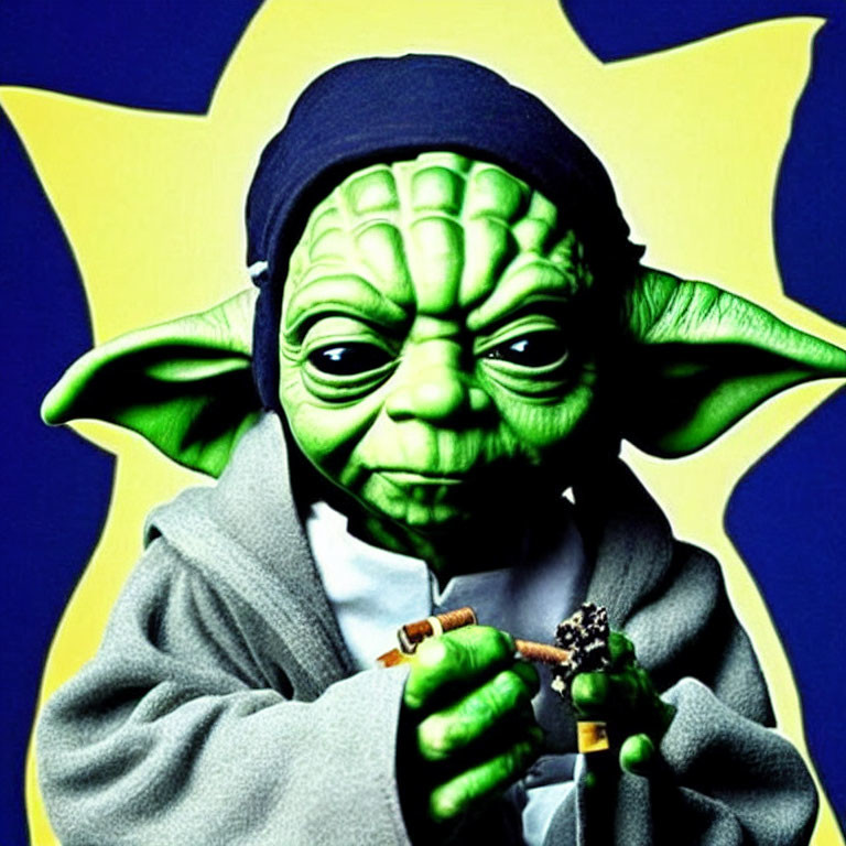 Yoda illustration with cane on blue background and yellow star