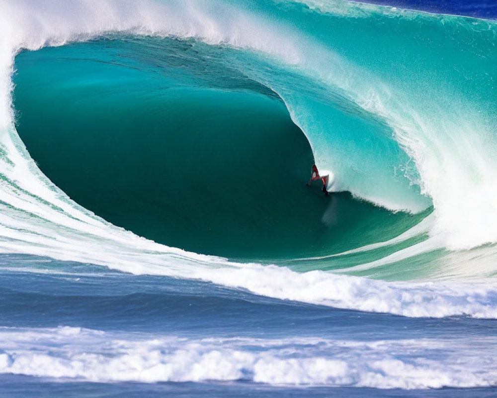 Skilled surfer on barreling wave in turquoise water