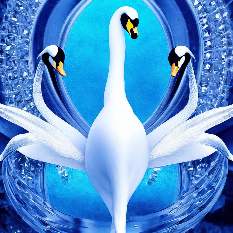 Symmetrical Swan Reflection with Penguin Faces on Vibrant Blue Background