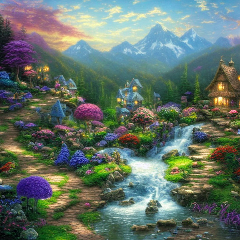 Picturesque fairy-tale landscape with thatched cottage, colorful flora, stream, and snow-capped
