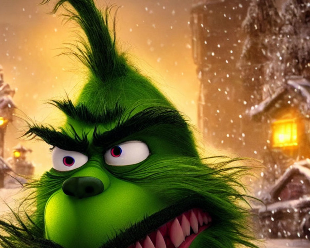 Detailed Close-Up of Smirking Green Grinch in Snowy Village