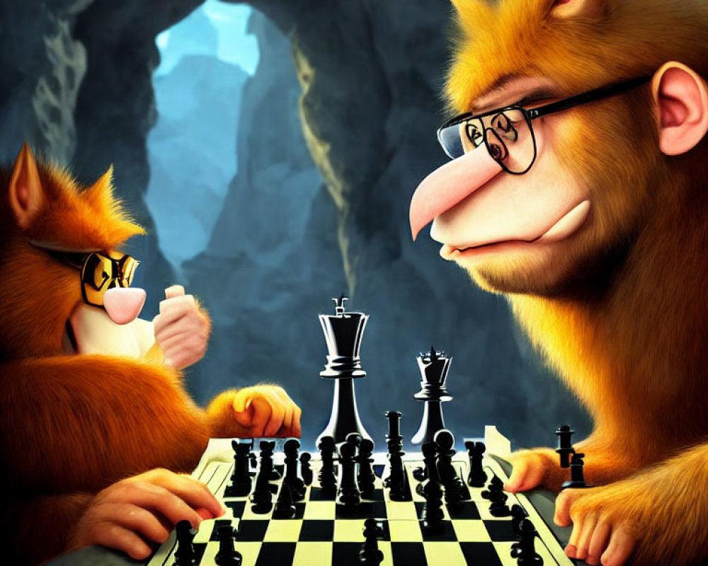 Anthropomorphic orangutans playing chess in a cave