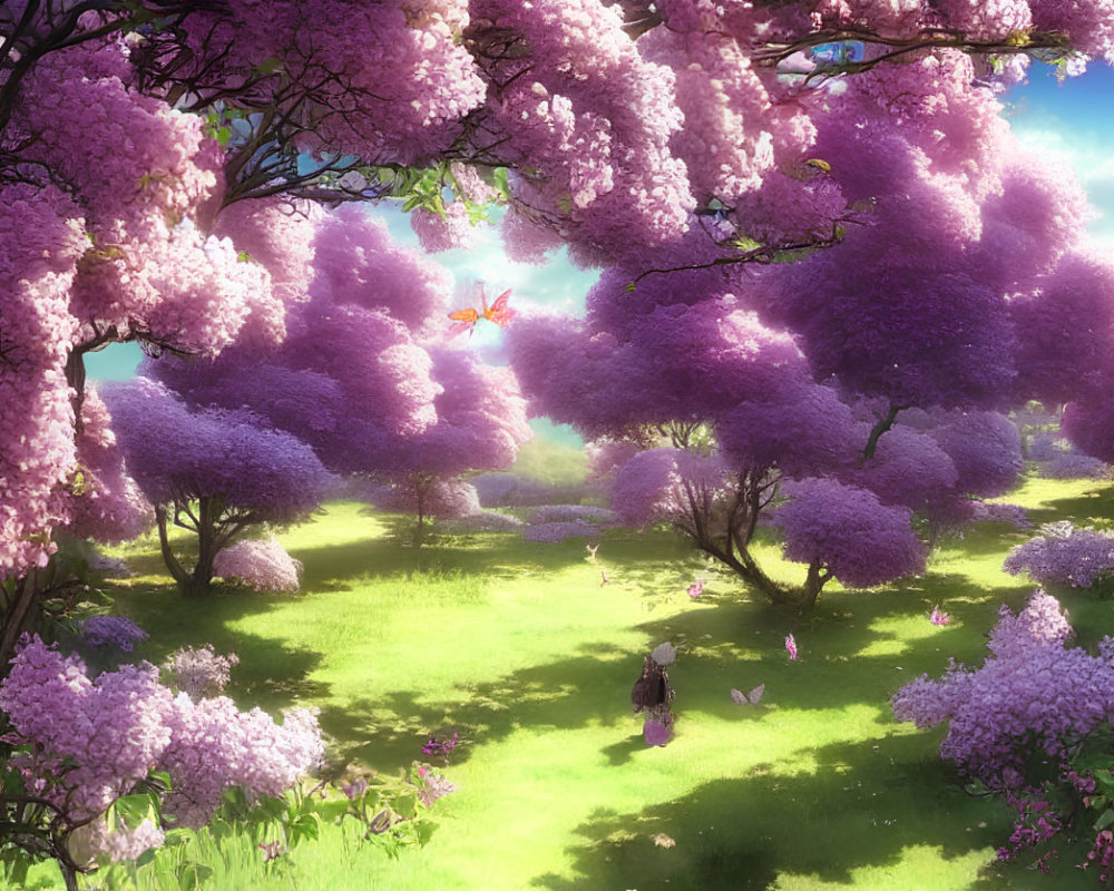 Vibrant purple flowering trees in lush garden with pink blossoms, person walking, and fluttering