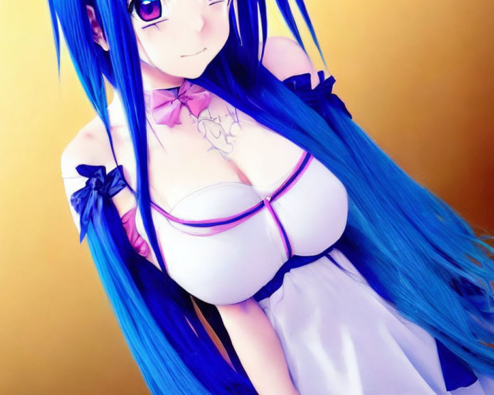 Anime character cosplay with long blue hair and purple eyes in white outfit