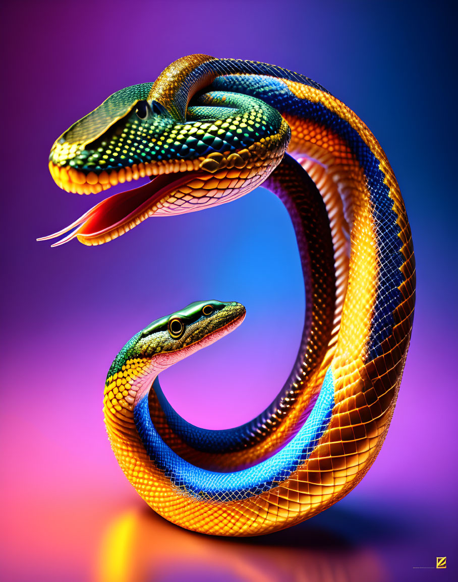 Interwoven snakes on purple-blue gradient backdrop
