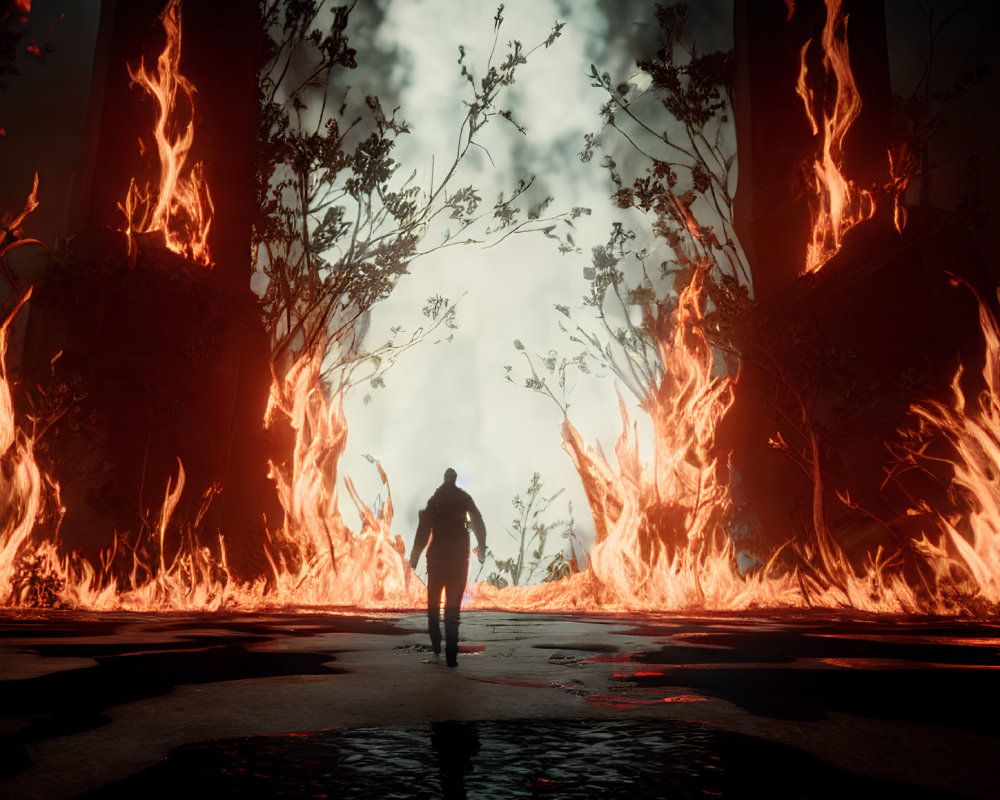 Silhouetted figure in front of fiery ruins and towering flames