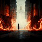 Silhouetted figure in front of fiery ruins and towering flames