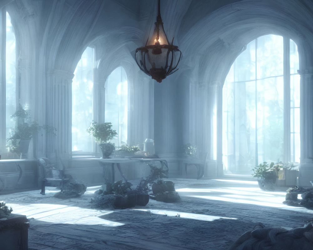 Ethereal sunlit room with Gothic arches and chandelier