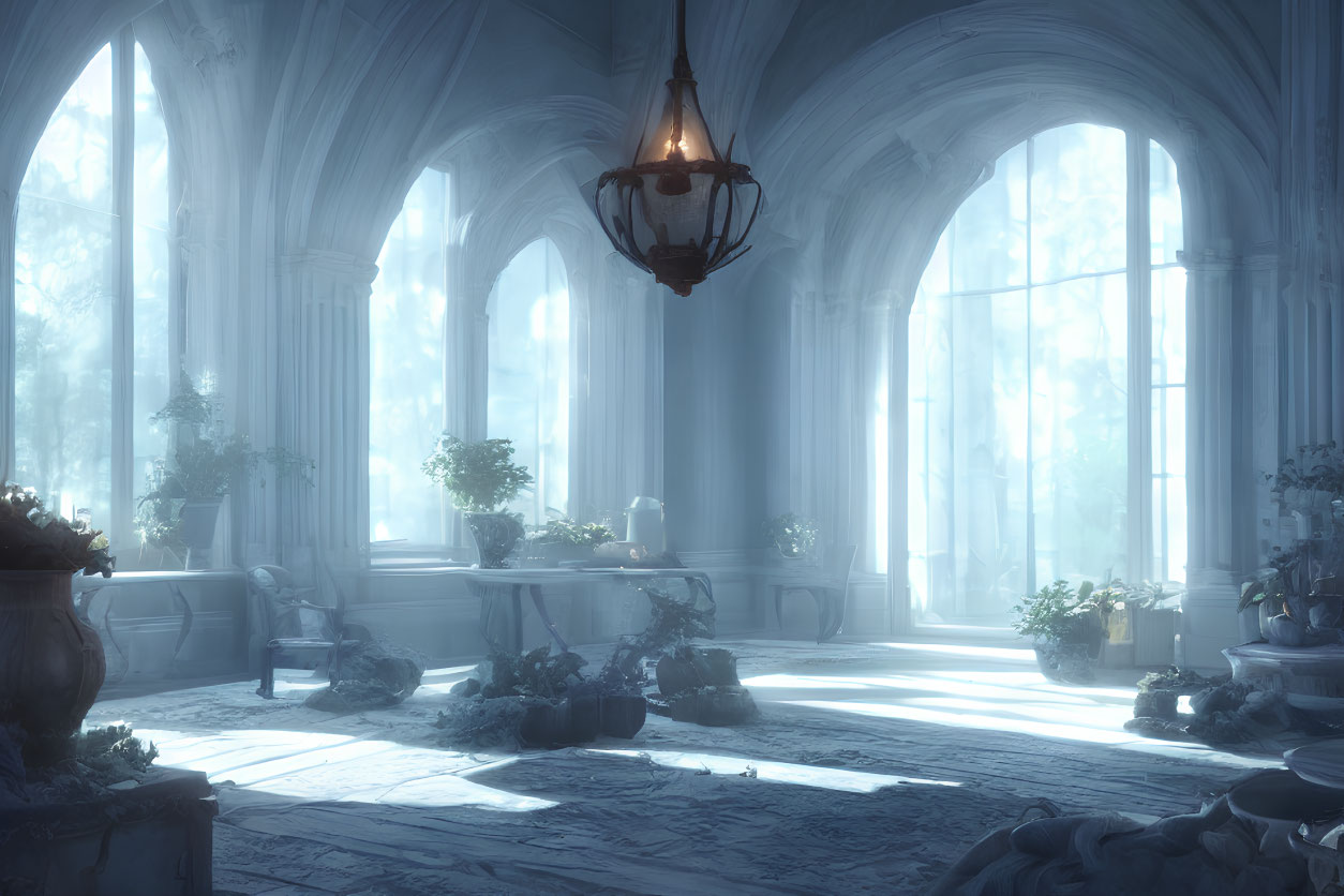 Ethereal sunlit room with Gothic arches and chandelier