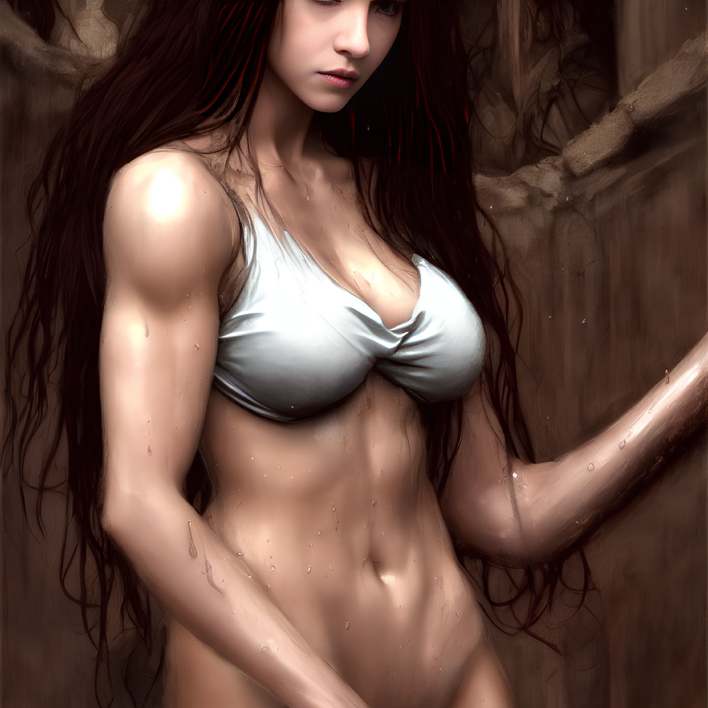 Digital illustration: Woman with long red hair in white bikini next to wooden structure