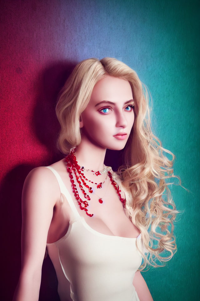 Blond woman in white top with wavy hair on gradient background.