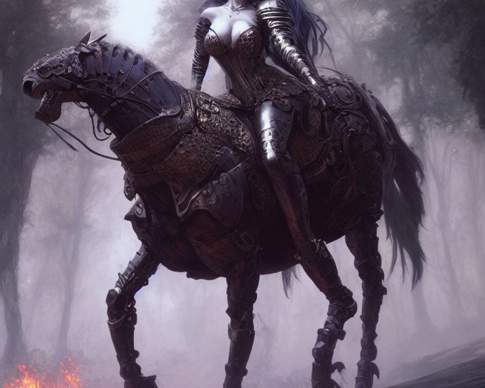 Gothic warrior woman in black and silver armor on flaming hooved mechanical steed in misty