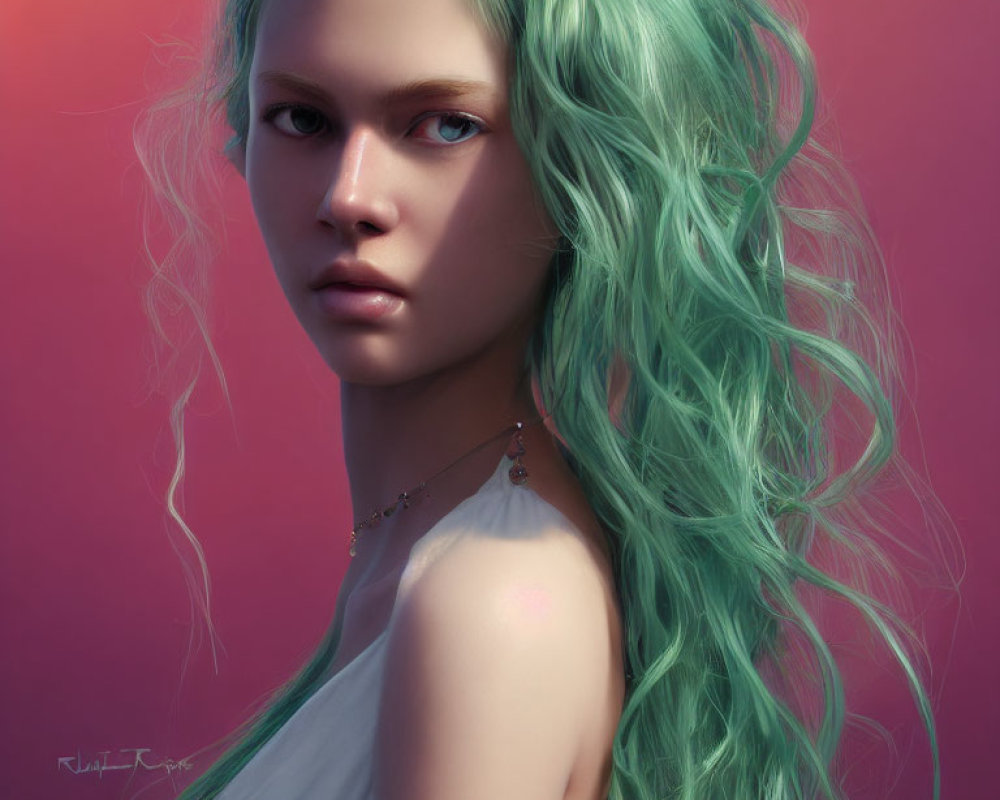 Digital portrait of person with wavy green hair and intense gaze on pink background