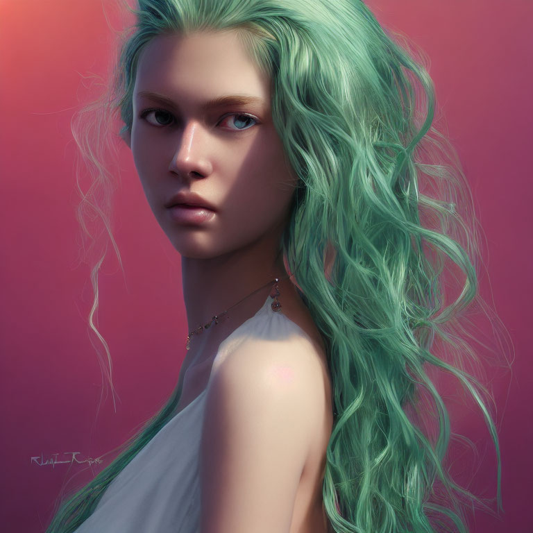 Digital portrait of person with wavy green hair and intense gaze on pink background