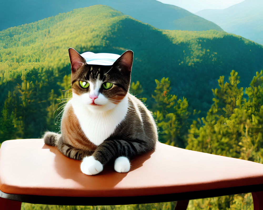 Brown and White Cat with Nurse's Cap on Table in Forest Setting