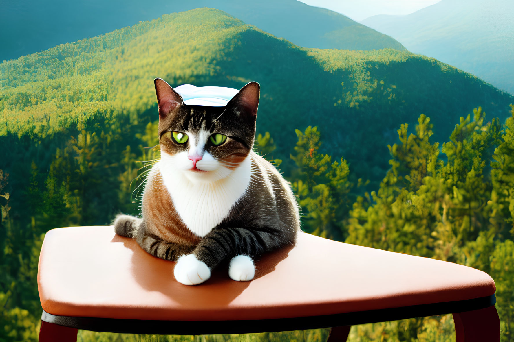Brown and White Cat with Nurse's Cap on Table in Forest Setting