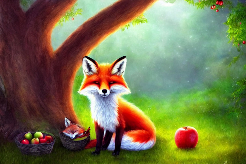 Illustration of red fox with sleeping fox and scattered apples in lush green setting
