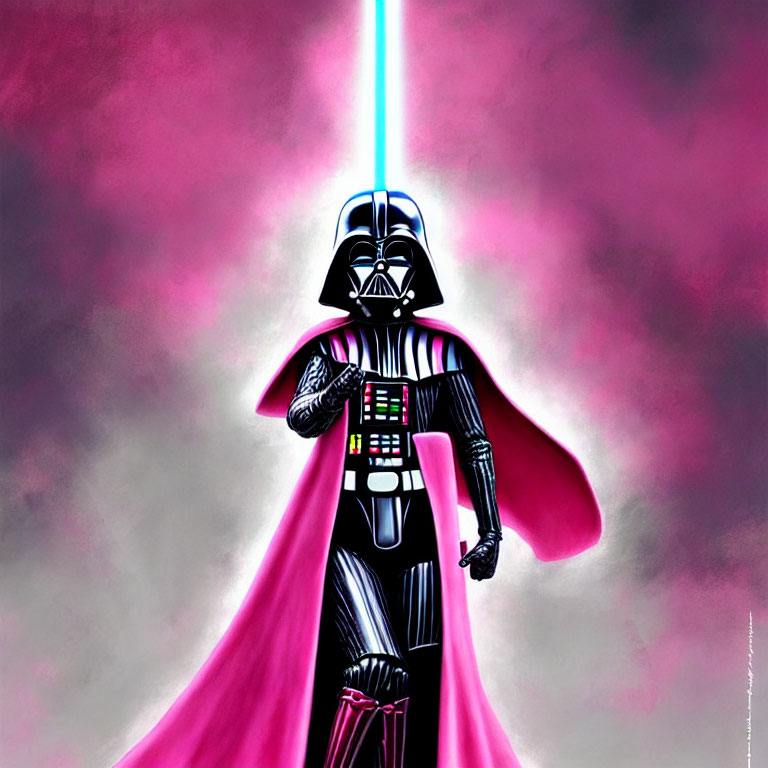 Darth Vader with pink cape and lightsaber on pink-purple background