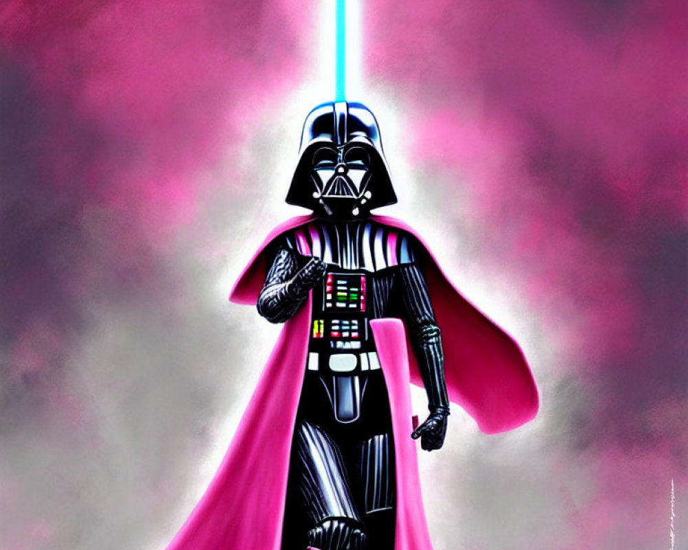 Darth Vader with pink cape and lightsaber on pink-purple background