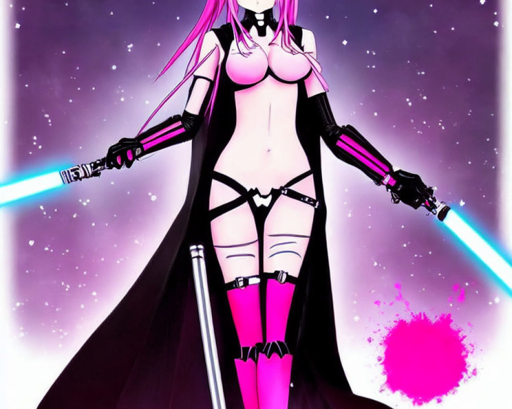 Pink-haired female character with dual lightsabers in black and pink outfit in space-themed setting