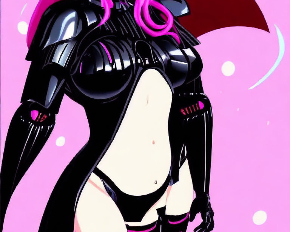 Stylized illustration of character with pink hair in futuristic armor