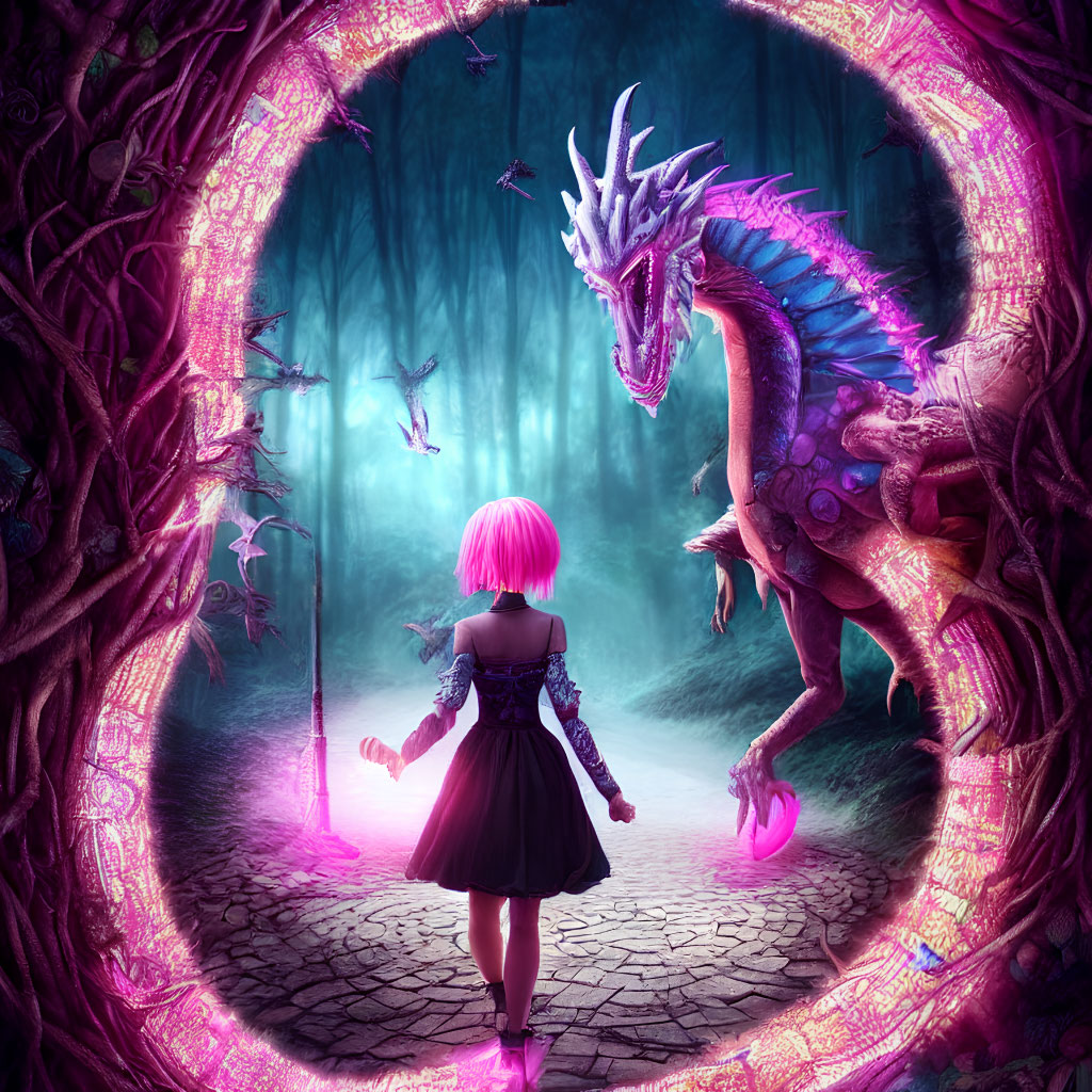 Pink-haired girl confronts purple dragon in mystical forest