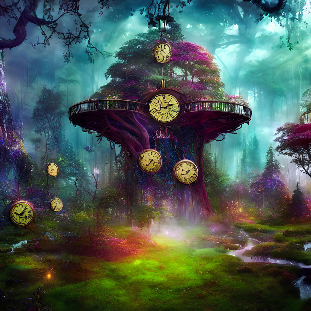 Enchanted forest with clock tower tree and floating clocks