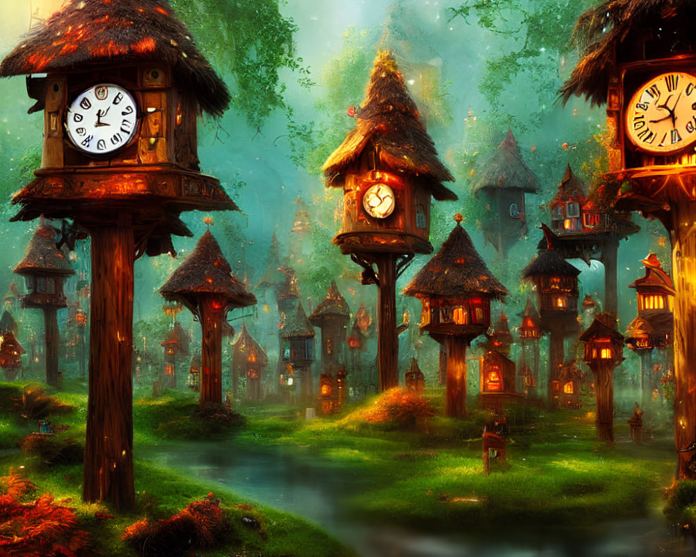 Enchanting forest with glowing clock-tower-like huts and serene stream