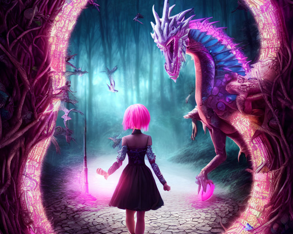 Pink-haired girl confronts purple dragon in mystical forest