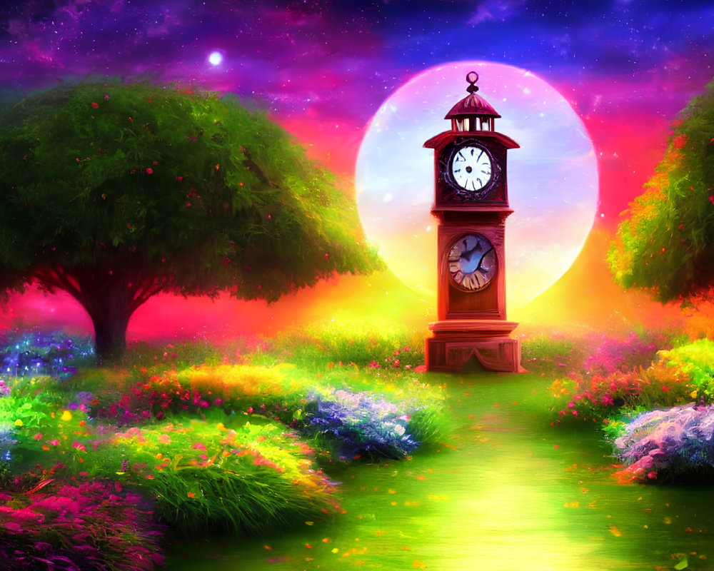 Colorful Fantasy Landscape with Clock Tower in Glowing Garden