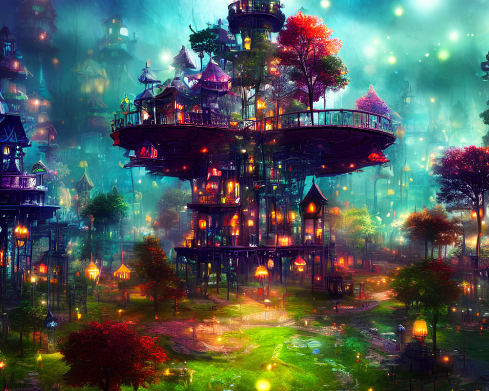 Fantastical tree city at night with multicolored houses and glowing lanterns