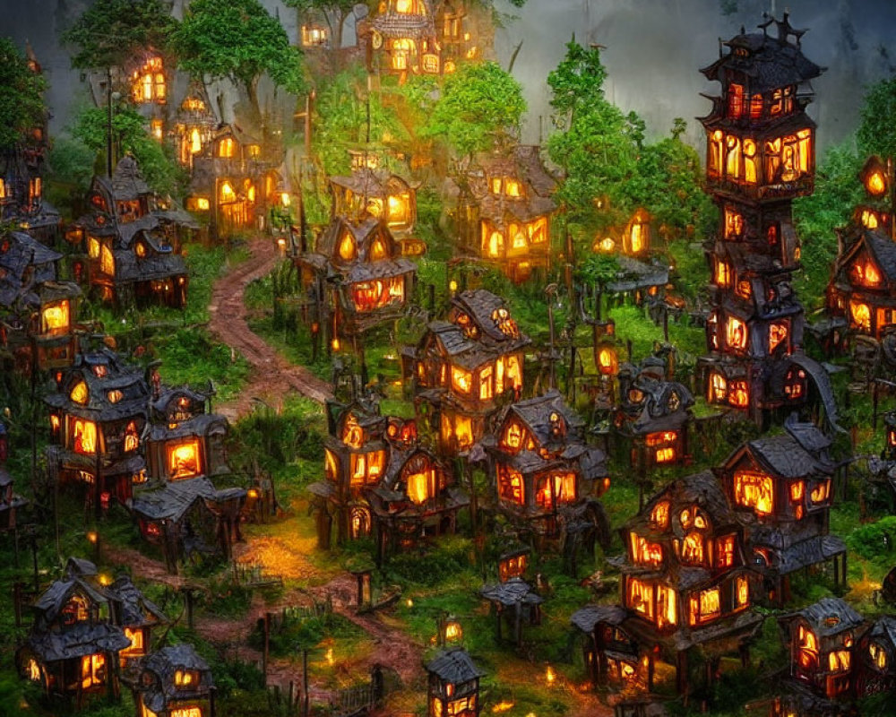 Enchanting nighttime view of illuminated storybook village