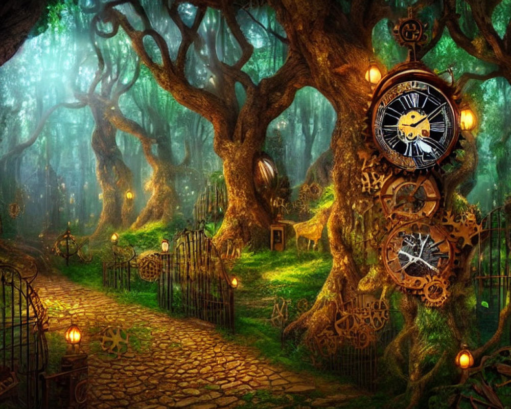 Mystical forest scene with steampunk elements and clock motif