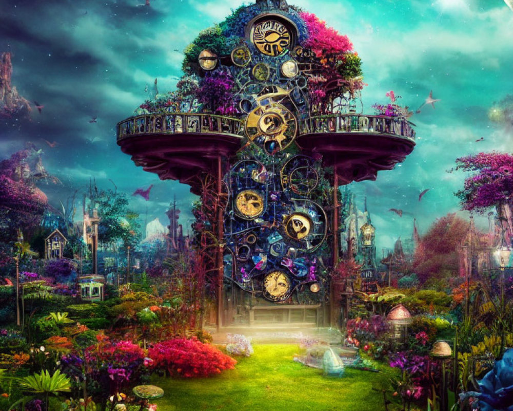 Fantastical Clock Tower Amid Vibrant Flora and Starry Sky