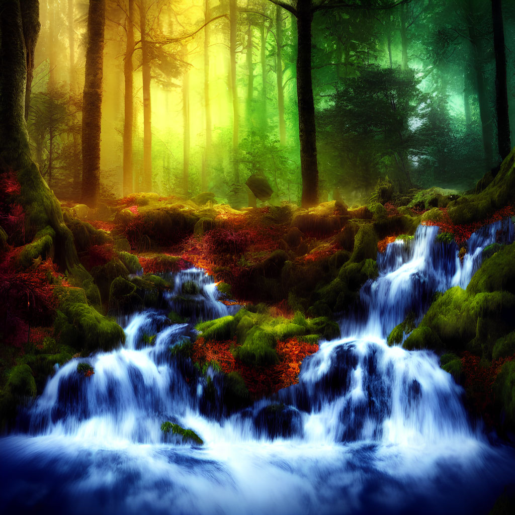 Scenic forest landscape with stream, mossy stones, sunbeams, and autumn leaves