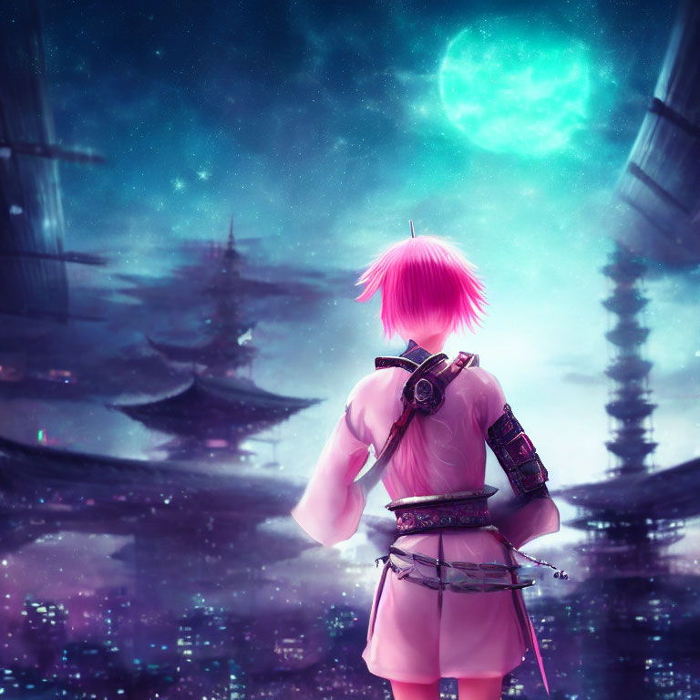Pink-haired character in traditional armor under green moon and starry sky with pagoda silhouettes