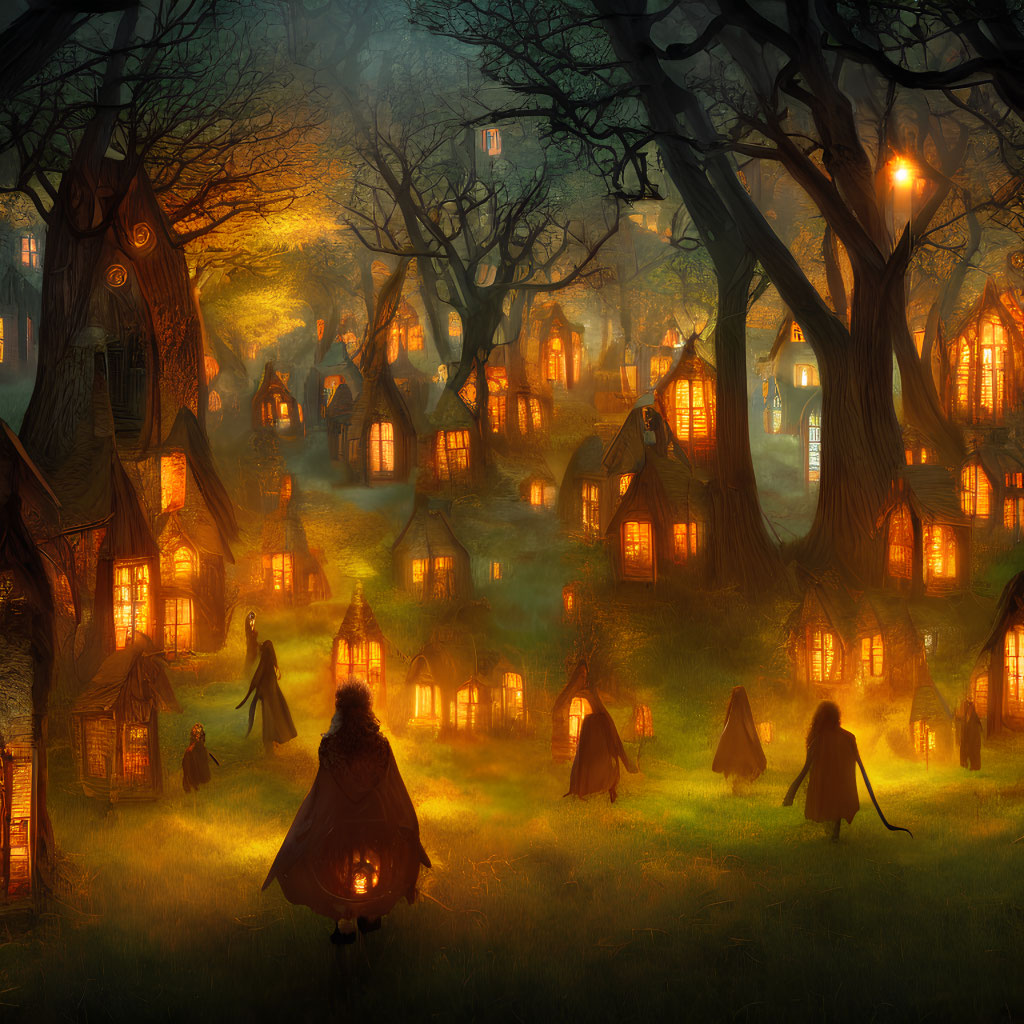 Enchanted forest with illuminated tree houses and cloaked figures at twilight