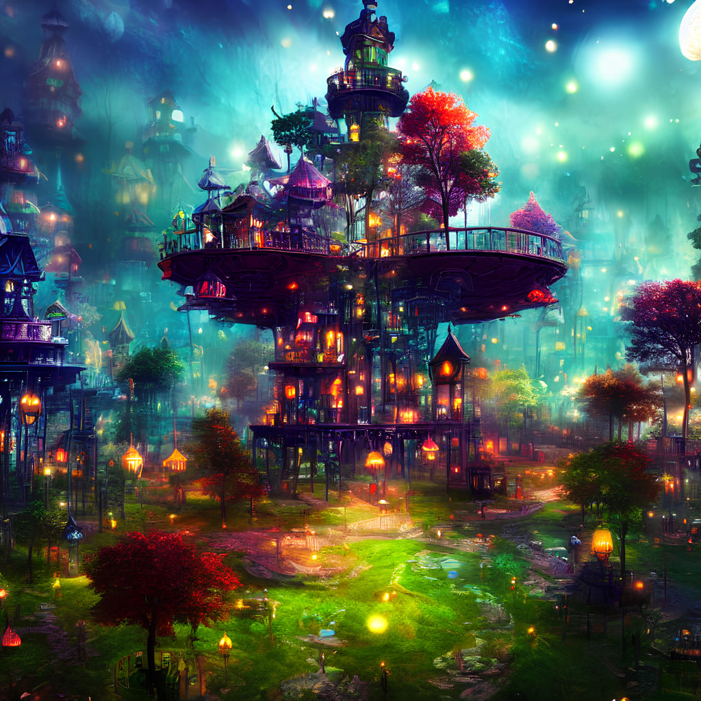 Fantastical tree city at night with multicolored houses and glowing lanterns