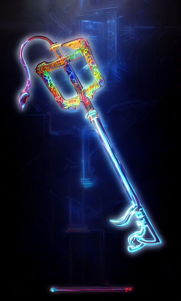 Detailed Neon Scythe Illustration on Dark Blue Background