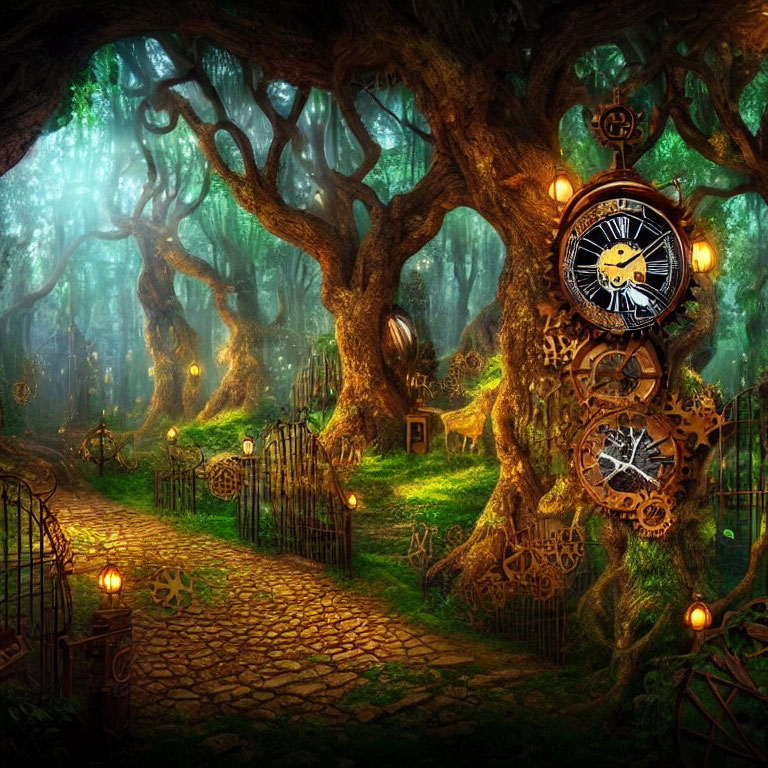 Mystical forest scene with steampunk elements and clock motif