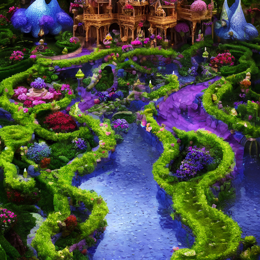 Colorful Fantasy Garden with Blue River and Whimsical House