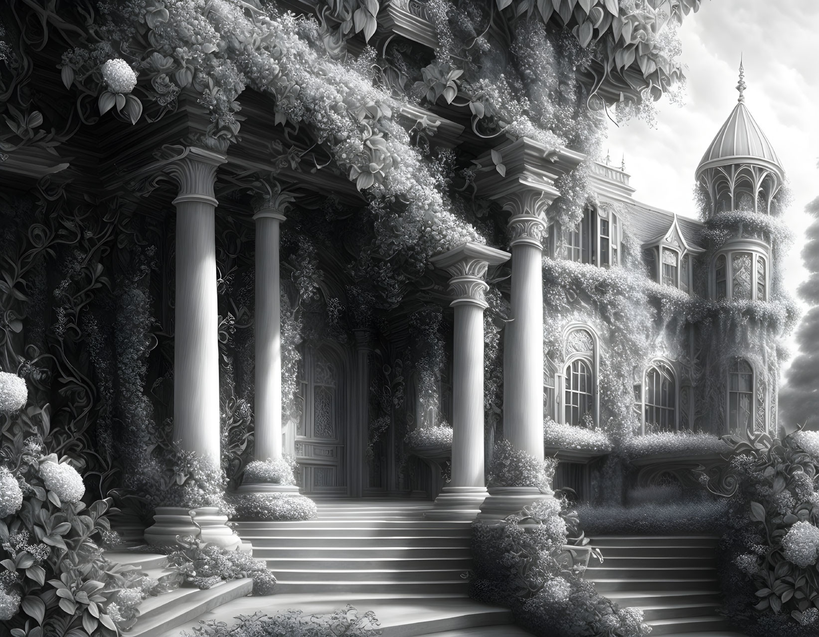 Monochrome Victorian-style house illustration with ivy and classical columns