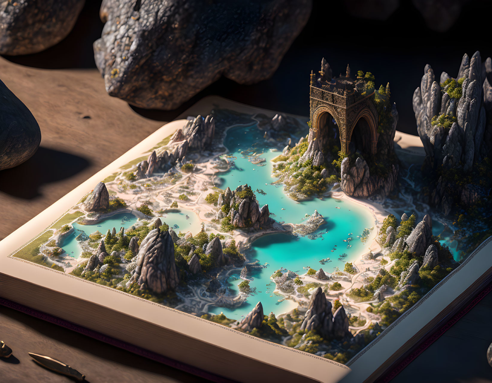 Fantasy landscape depicted in open book with archway, islets, and quill pen