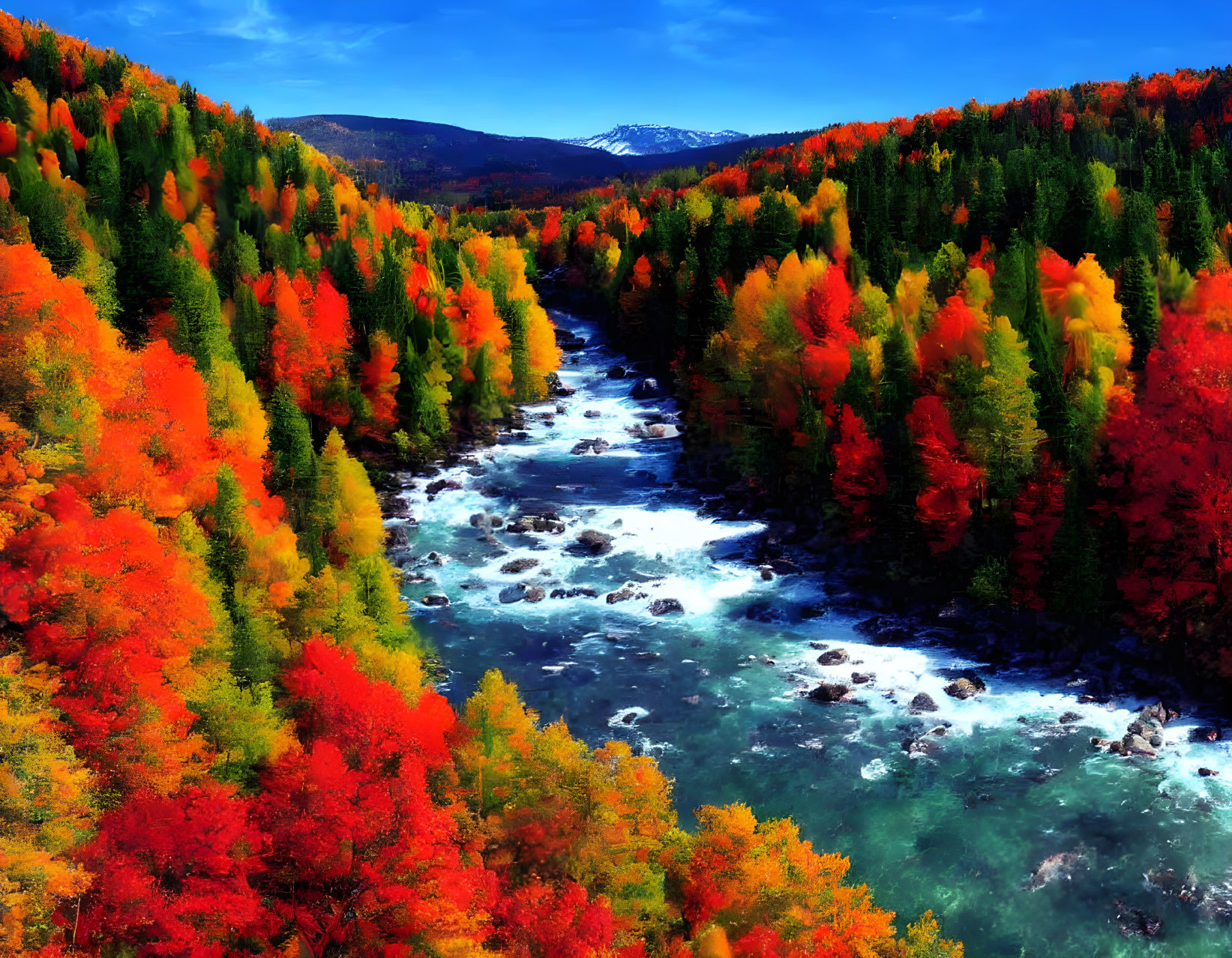 Colorful autumn landscape with river and forests under blue sky