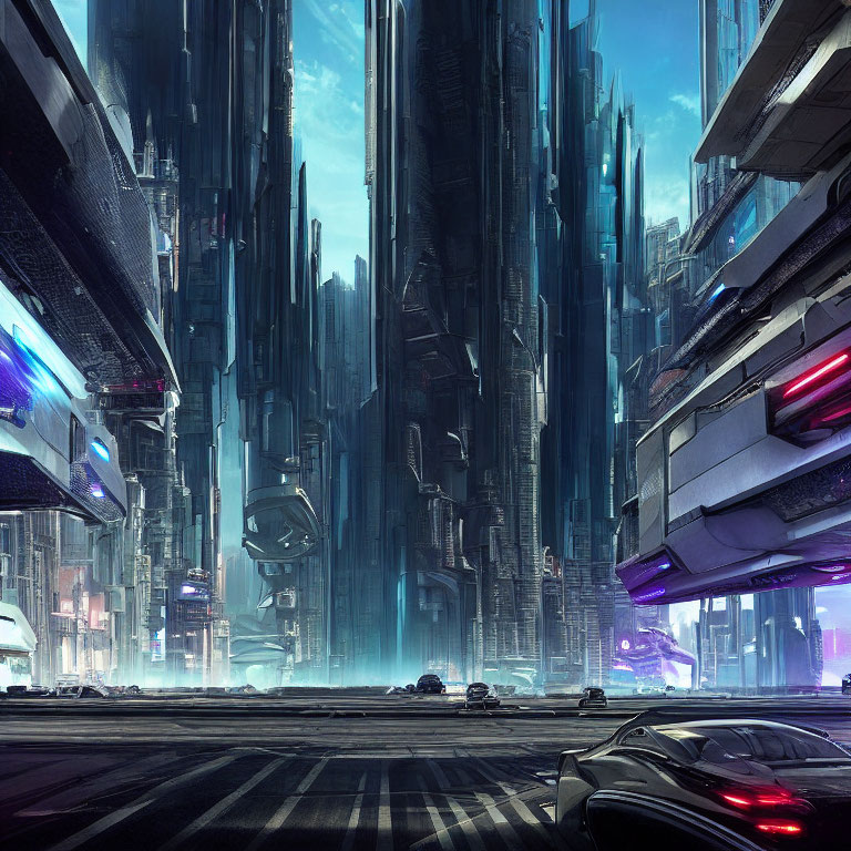 Futuristic cityscape with skyscrapers, neon signs, flying vehicles, and sleek cars