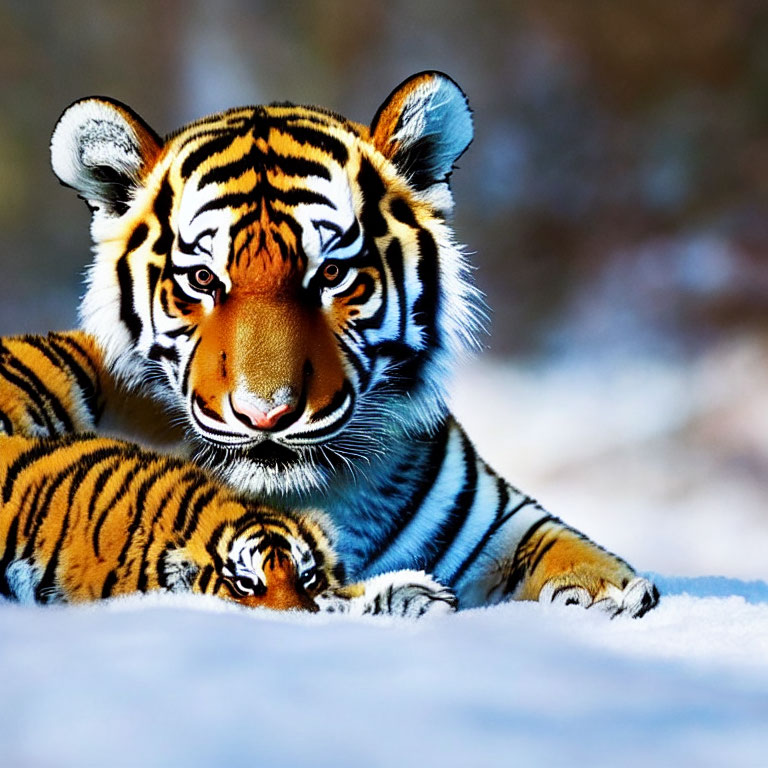 Majestic tiger with orange, black, and white stripes on snowy ground